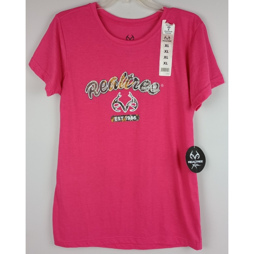 NWT Real Tree Women XL Pink Real Tree Logo Crew Neck Short Sleeve Classic Tshirt